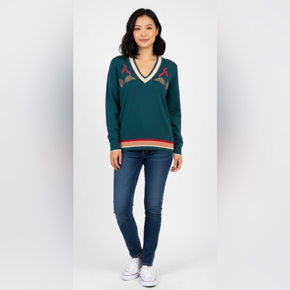 Uterqüe Green Embellished V-Neck Sweater S (Fits S/M Viscose Blend Statement Top